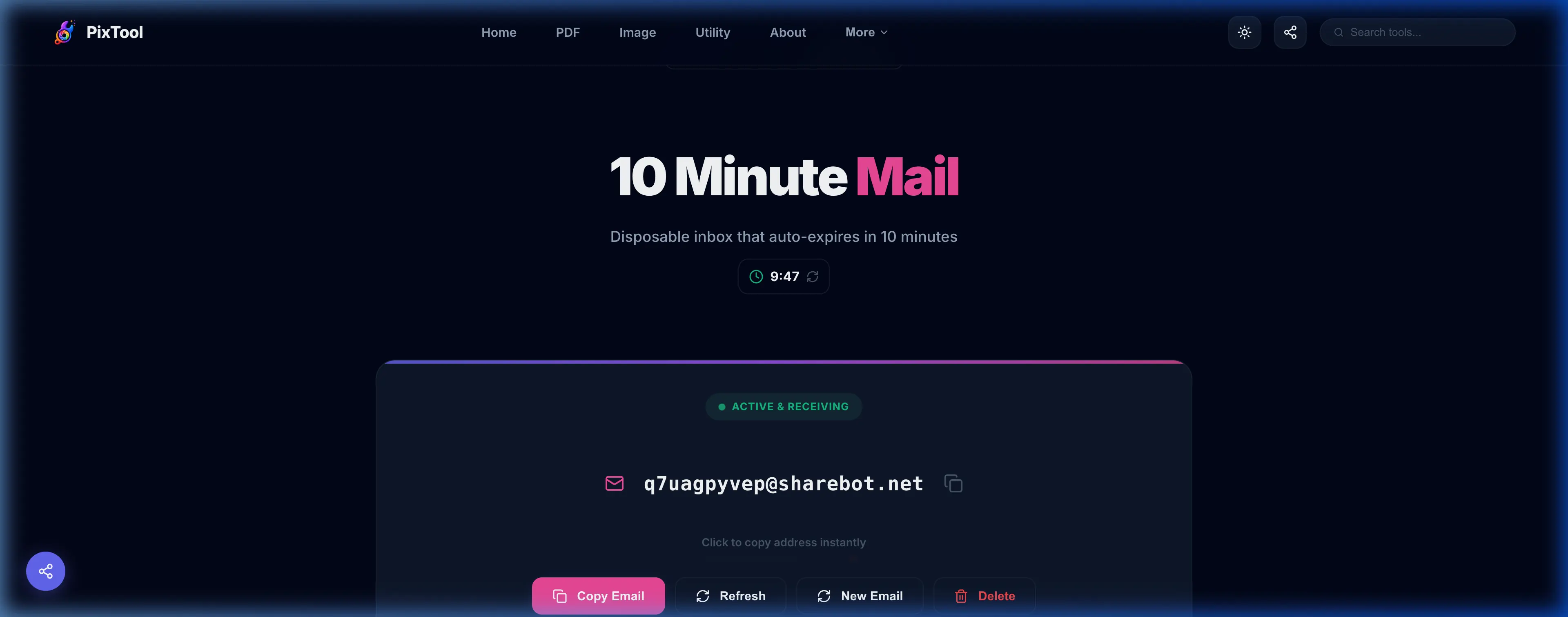 User interface preview of 10 Minute Mail